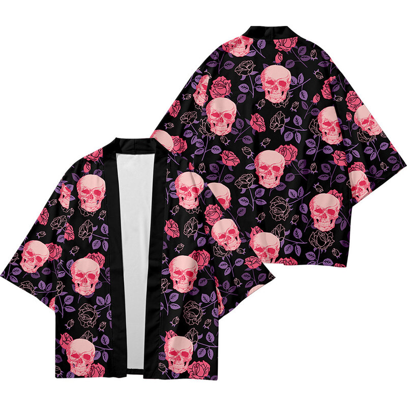 Roze Rose Skull Print Haori Mode Strand Japanse Kimono Kimetsu Geen Yaiba Gewaad Vest Mannen Shirts Yukata Vrouwen Kleding
