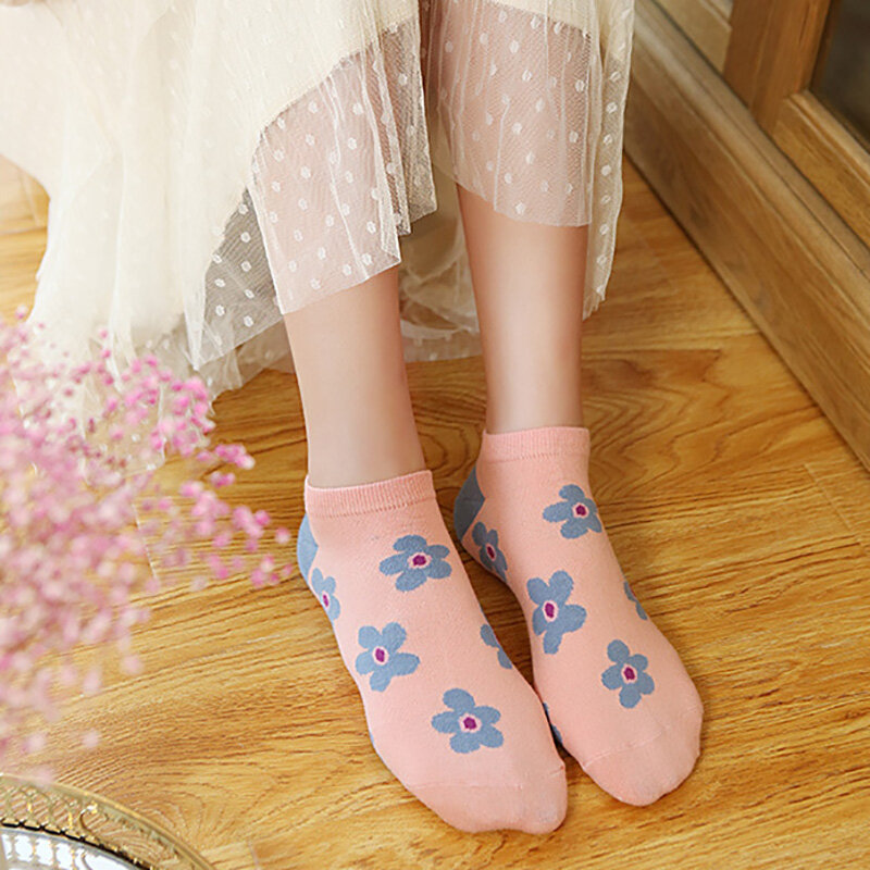 Kaus kaki wanita kaus kaki bunga katun Streetwear Lolita pola bunga cetak pendek pergelangan kaki Lucu Kawaii kaus kaki Harajuku hadiah gadis Mujer