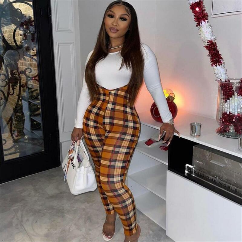 Women's Sexy Printed Checkered Suspenders Waist Casual Jumpsuit