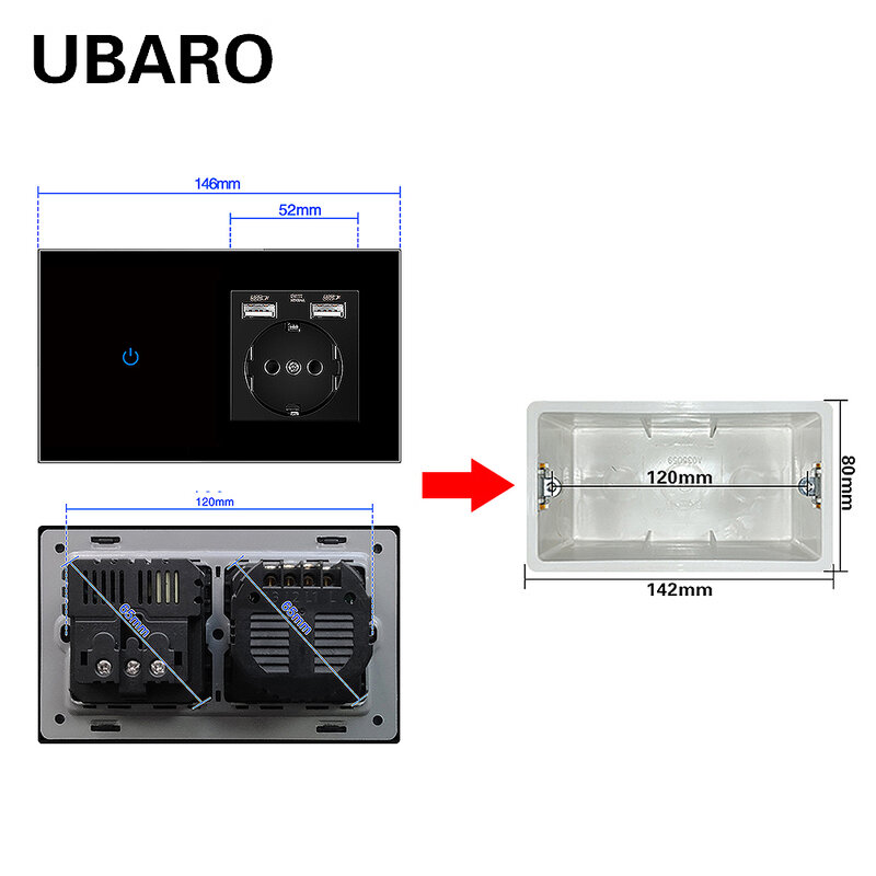 UBARO-Interruptor táctil estándar de la UE con enchufe USB, Panel de cristal templado con retroiluminación Led, Sensor, botón de encendido, Interruptor de pared