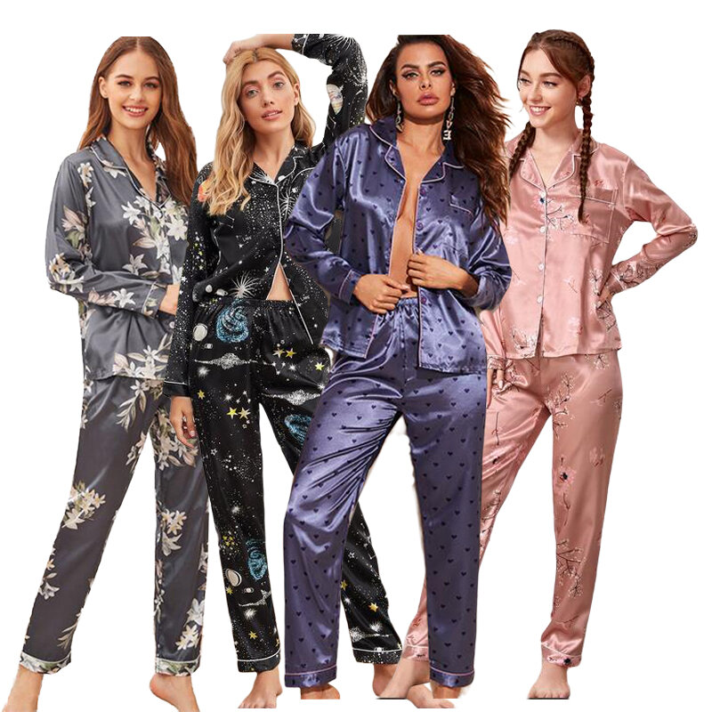 Conjunto de pijama de cetim de seda feminino, camisa manga comprida com calça, pijama feminino, roupas loungewear, primavera, outono