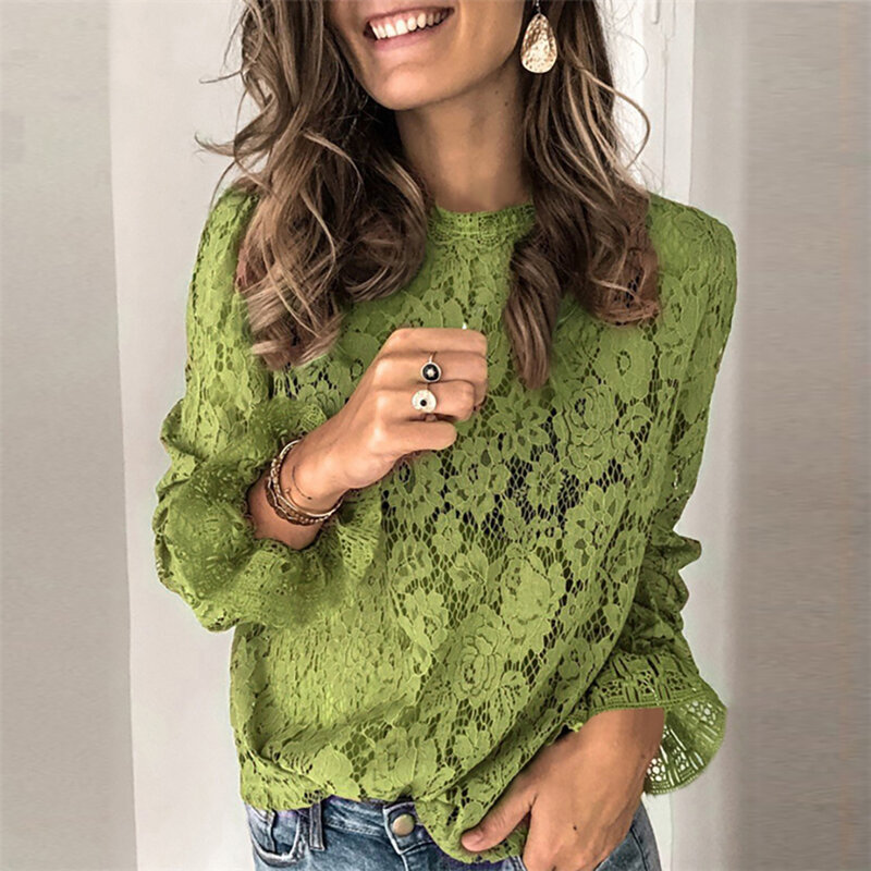 Женская кружевная блузка, элегантная Однотонная рубашка с расклешенным рукавом и круглым вырезом, свитер с длинным рукавом, топы и блузки, 2020