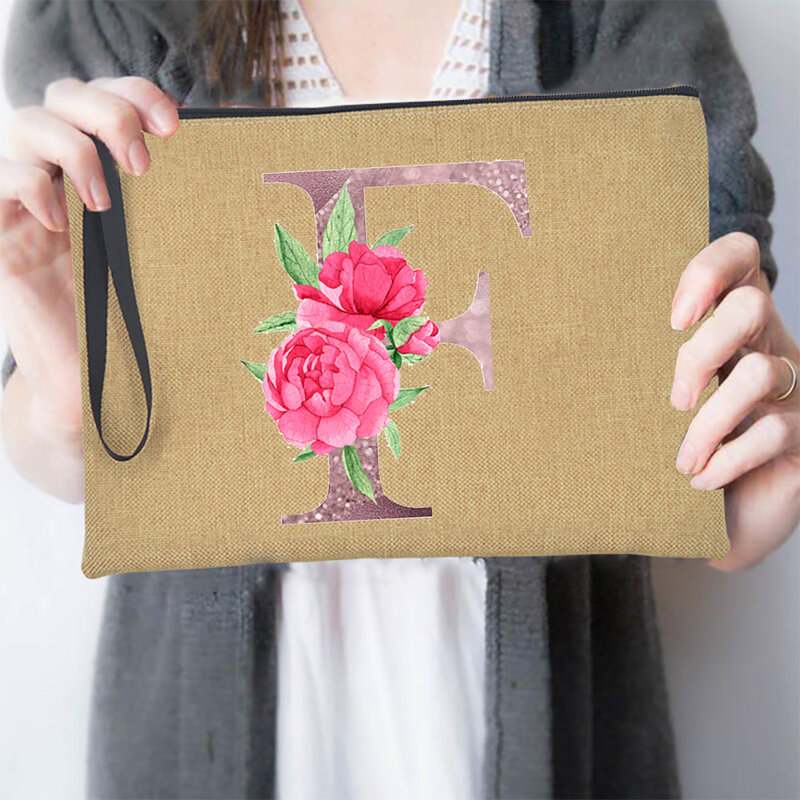 ดอกไม้สีชมพูตัวอักษร A-Z ผู้หญิงคลัทช์กระเป๋าแฟชั่นลำลองผ้าลินินเครื่องสำอางค์แต่งหน้ากระเป๋าซิปกระเป๋าถือลิปสติกสีส้มของขวัญ