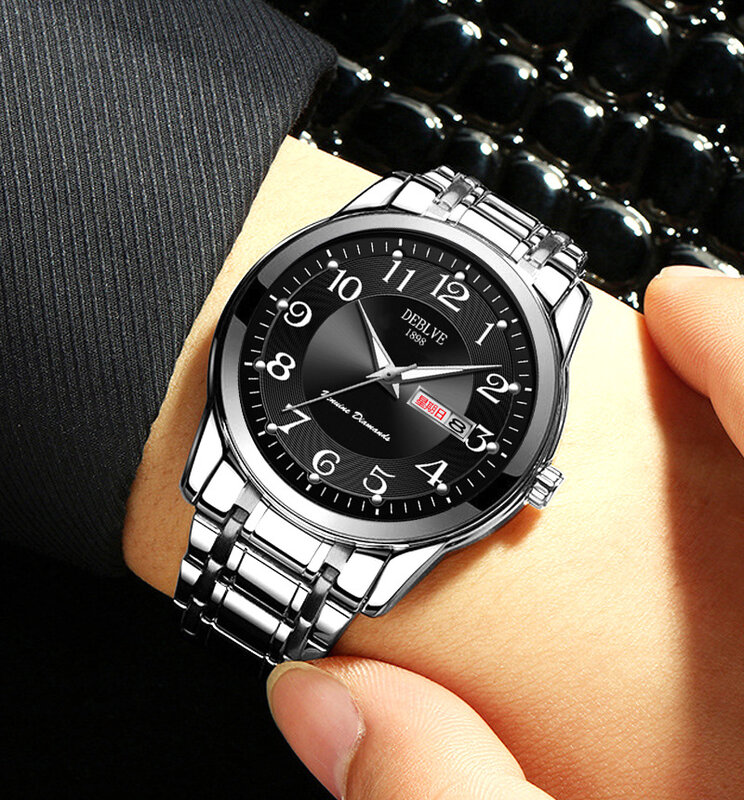 Relógio quartzo de aço inoxidável impermeável masculino, relógios de luxo, luminoso, data, calendário, relógio de pulso empresarial