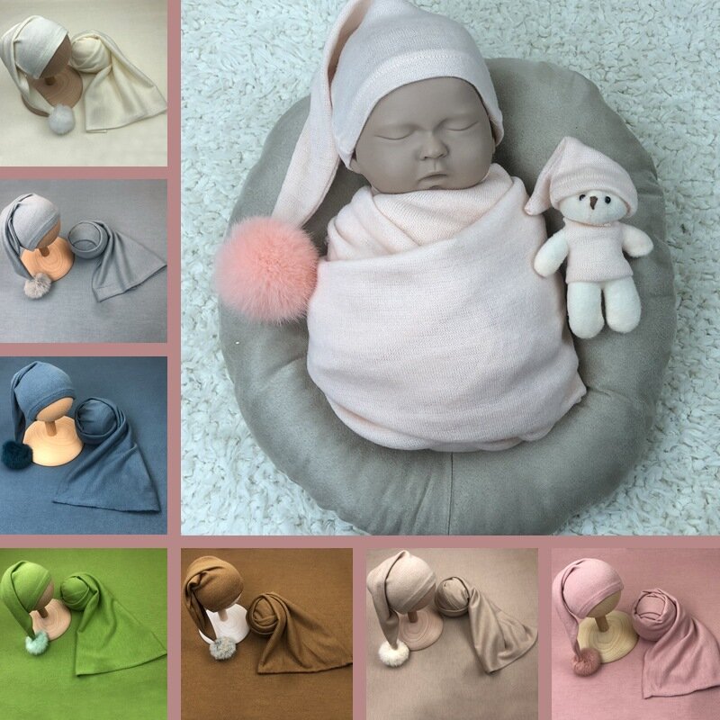 Newborn fotografia adereços envoltório cobertura de fundo conjunto estúdio bebê foto tiro pano de fundo modelagem malha longa cauda pom hat