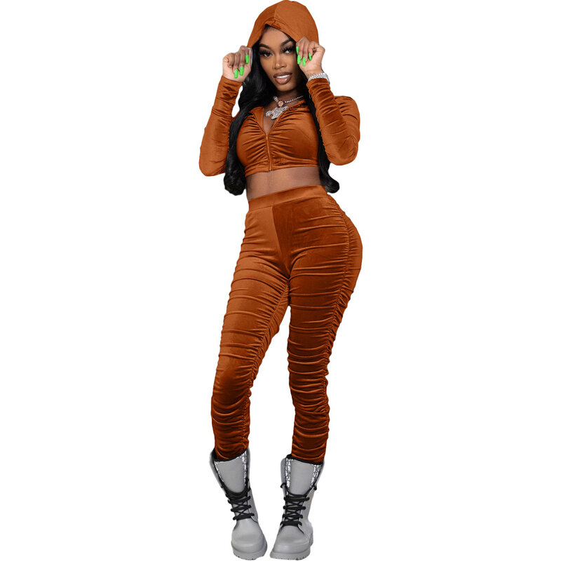 Casaul Women Tracksuit Two Piece Set Hooded Shirt And Long Pants Pleated Spring Matching Suit Clothes For Women