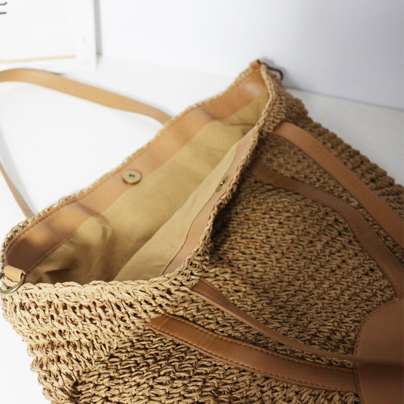 Bolsa casual de palha de grande capacidade feminina, tecido artesanal, bolsa de ombro, bolsa de papel senhora, bolsa de compras de praia, verão 2022