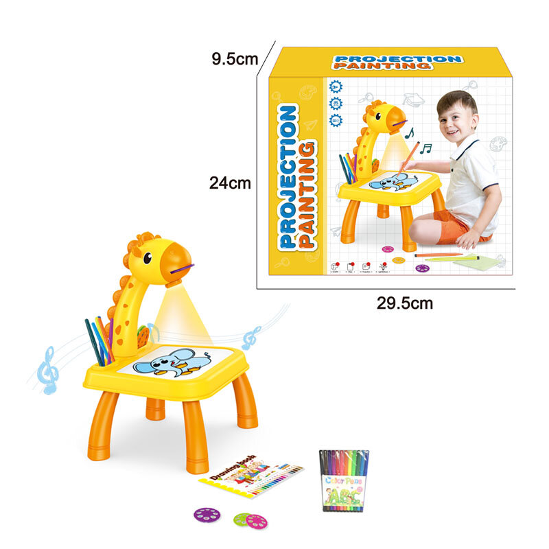 Żółte inteligentne zabawki edukacyjne dla dzieci żyrafa projekcja malowanie stołu z muzyką