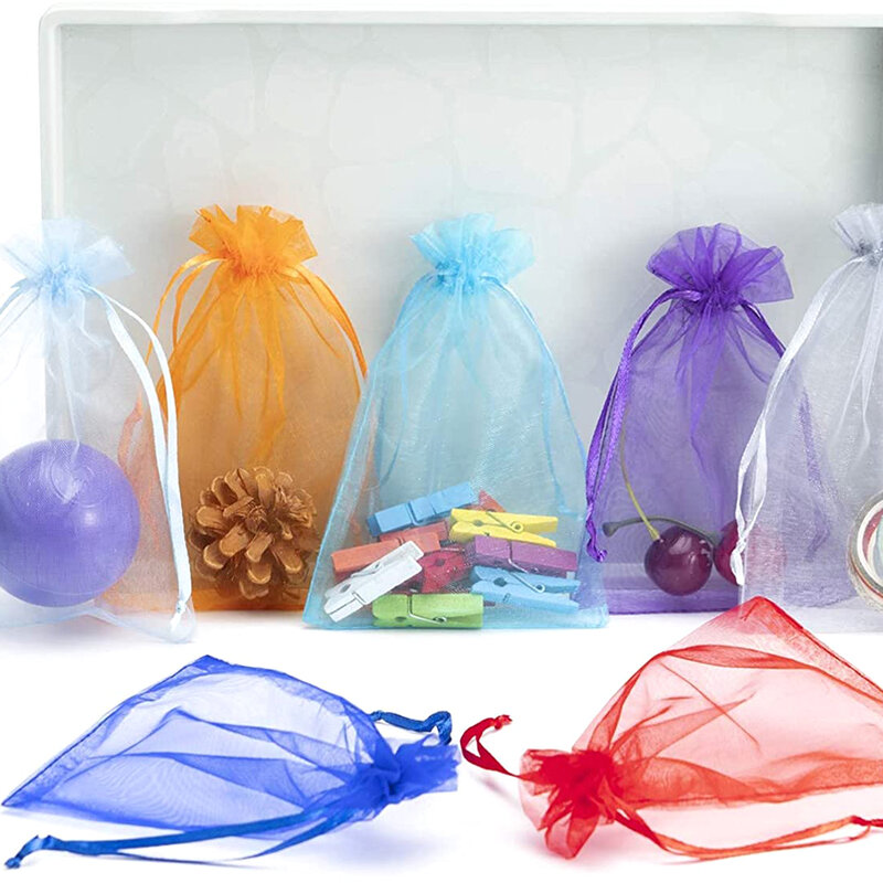 50 шт./лот 7x9 см 9x12 см 10x15 см 13x18 мм сумки из органзы на шнурке мешки для упаковки ювелирных изделий конфеты свадебные сумки рождественские подарки