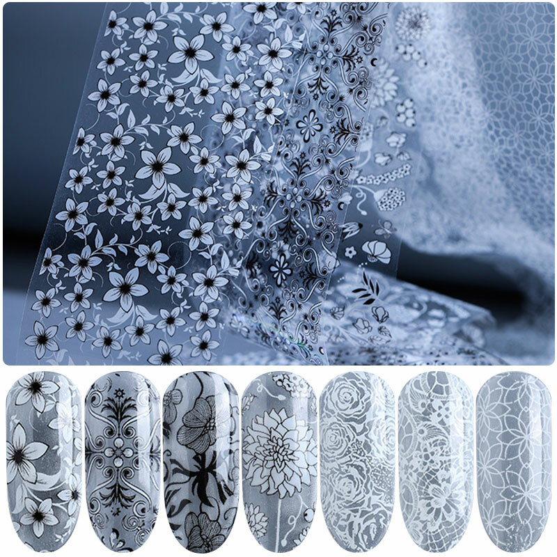 Black/white lace Flower Nail Leaf Stickers Varnish Mix Transfer Foil Nails Decal Cursors For Nail Art Manicure Designs