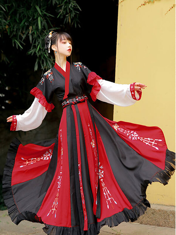 Chinese Dress Ancient Hanfu Black Traditional Embroidery Dress China Style Folk Dance Robe Cosplay National Costume Kimono Suit