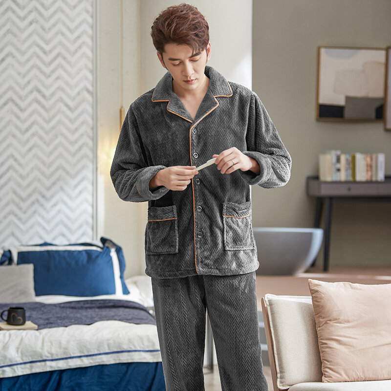 Pijamas de franela gruesa para Hombre, ropa de dormir de 2 piezas, cálida, Polar Coral, informal, para el hogar, invierno, 2022