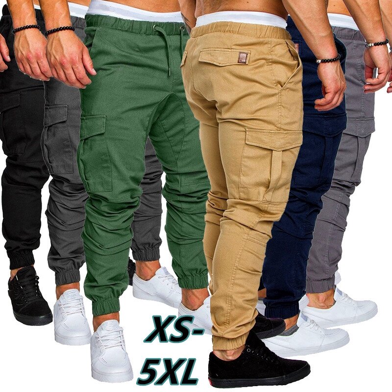 Homens safari carga calças finas joggers sweatpants casual masculino esporte sólido multi-bolso calças de carga hip hop harem magro ajuste