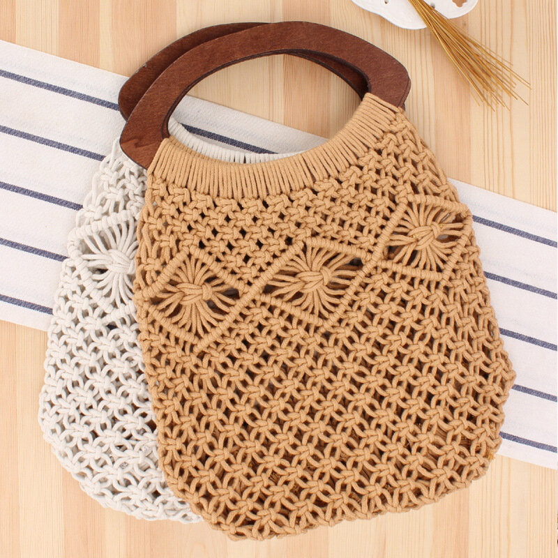 32x40CM New Handmade Cotton Rope Net Pocket Woven Bag Handbag Trend Female Natural Style Hollow Straw Vacation Beach Bag a7156