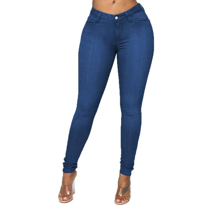 Celana Pensil Denim Tipis Bodycon Pinggang Menengah Ritsleting Kancing Jeans Skinny Wanita Elastis Tinggi Musim Gugur Celana Panjang Streetwear