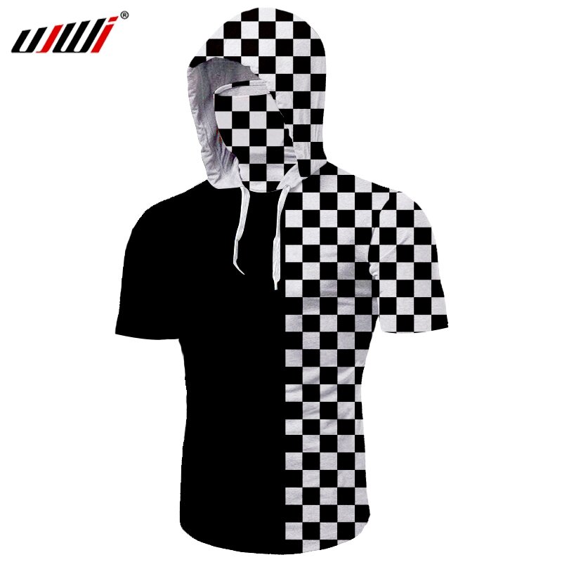 Ujwi-camiseta masculina, moda verão, estampa 3d, preta, branca, xadrez, hip hop, gótica, com capuz, manga curta, atacado
