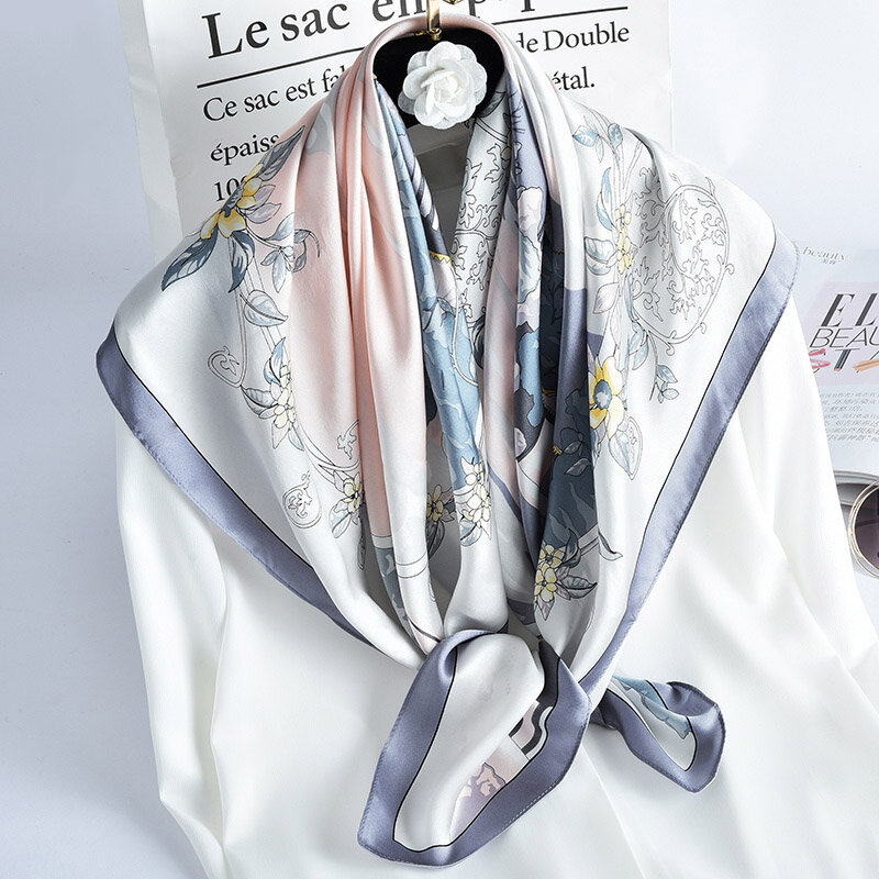 Bufanda cuadrada de seda auténtica para Mujer, pañuelo estampado, chales de seda pura para el cuello, 100%
