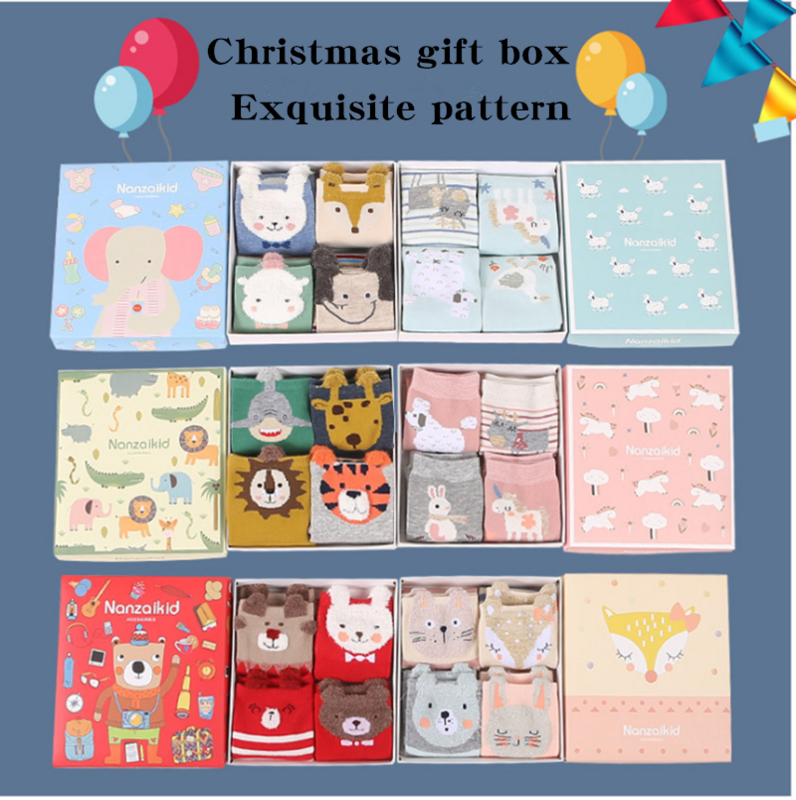 Nuevos 4 pares de calcetines de Navidad en caja para NIÑOS Calcetines de dibujos animados de animales calcetines de algodón de tubo medio para niños y niñas