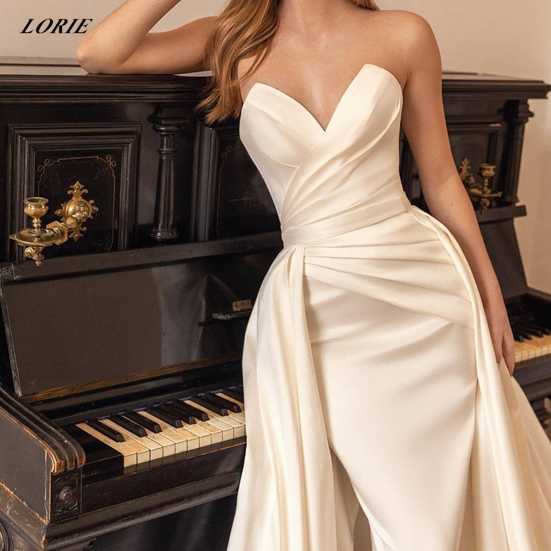 LORIE-vestidos de novia de satén con hombros descubiertos, sexys, con cola desmontable, línea en A, Blanco/Marfil