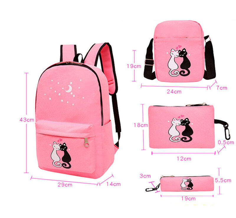4pcs/set Women Backpack Cat Printing Canvas School Bags For Teenager Girls Preppy Style Rucksack Cute Book Bag Mochila Feminina