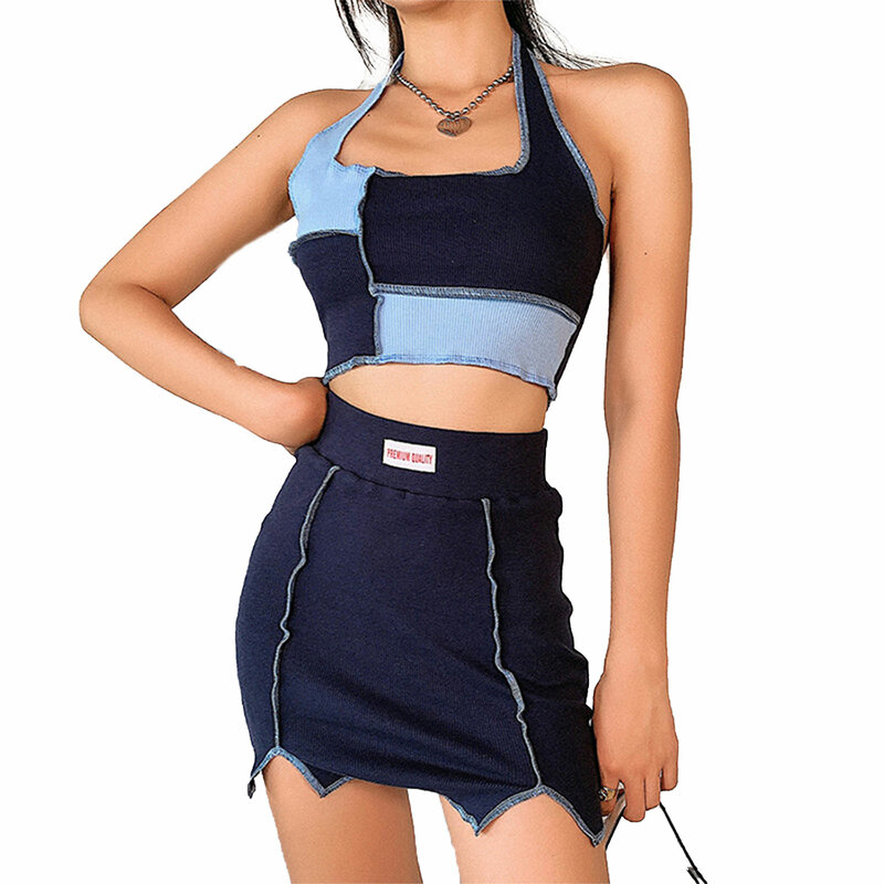 New Women Sexy 2 Piece Outfits Sleeveless Color Block Patchwork Halter Crop Top + Mini Skirt Set  Spring Summer And Autumn