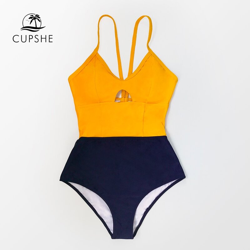 CUPSHE/желтый и темно-синий Цельный купальник с вырезами, сексуальный женский Монокини на шнуровке с открытой спиной, пляжные купальные костюм...