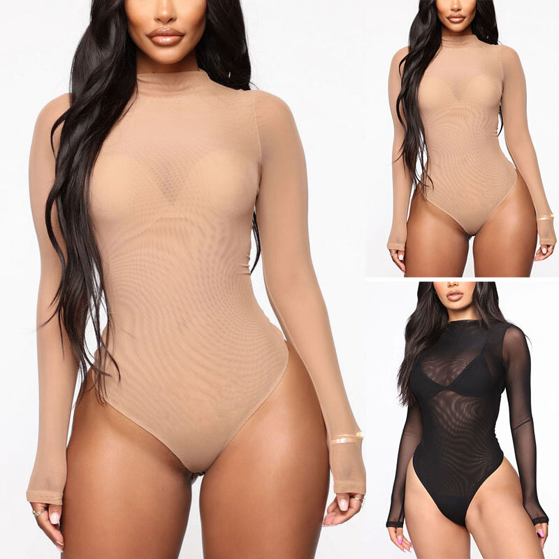 Bodysuit Frauen sexy durchsichtige Langarm einfarbige Overalls Mode einteilige weibliche Bodys Frau Kleidung