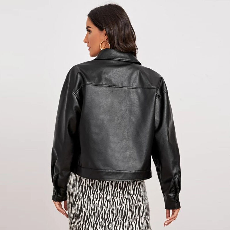 Женская кожаная куртка с отложным воротником, свободная мотоциклетная куртка из искусственной кожи в уличном стиле, осень 2023