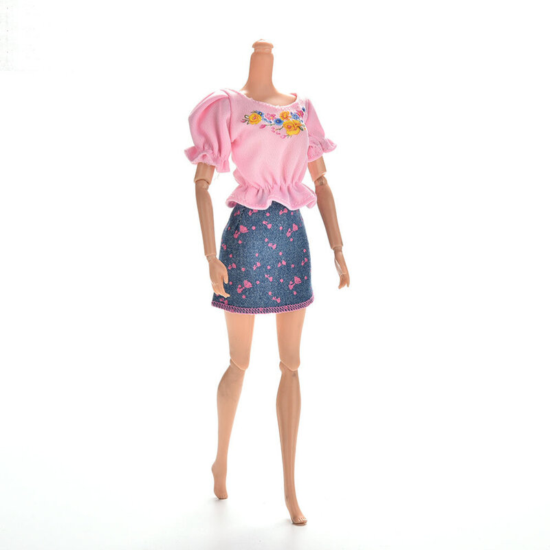 1 Set Mode Kleding Sets Zomer Korte Mouw Bloemenprint Pop Jurk Elegante Denim Rok Voor Barbie Doll