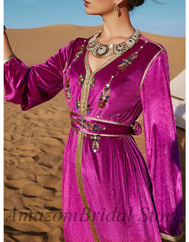 Vestidos de Fiesta de terciopelo para mujer, cosidos a mano árabe con diamantes vestido de noche, vestido largo de noche femenino