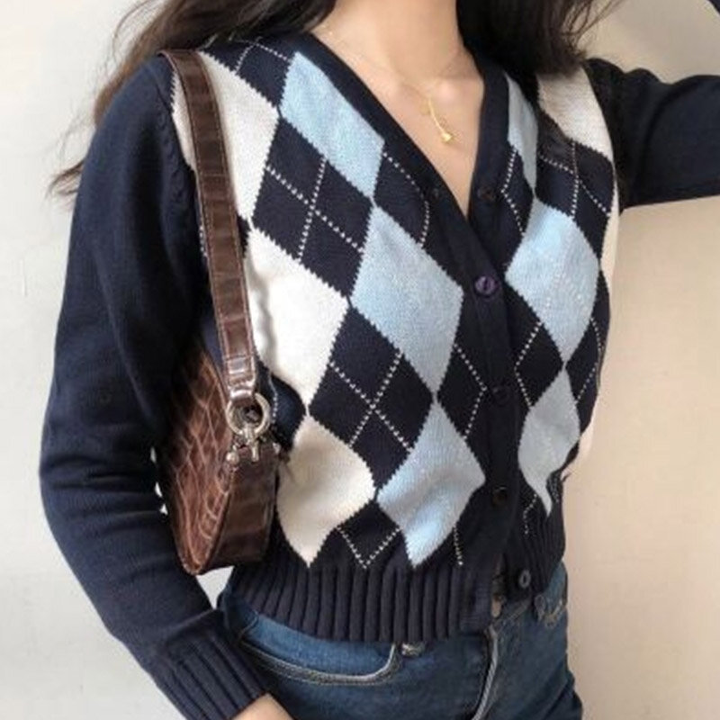 Chaqueta para mujer de Estilo Vintage patrón geométrico de suéter corto de punto de moda de manga larga de estilo English ropa de ab