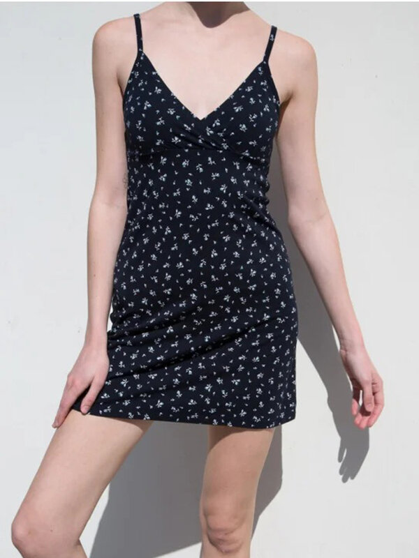 Flor de impressão vestido feminino sexy com decote em v espaguete cinta vestidos verão 2020 elegante cintura fina feminino brandy melville vestidos