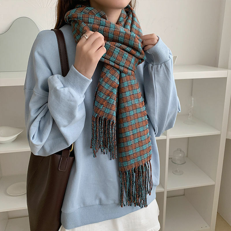 Женский клетчатый шарф, зимняя Классическая универсальная шаль, модная теплая шаль в Корейском стиле для студентов, простые повседневные в...