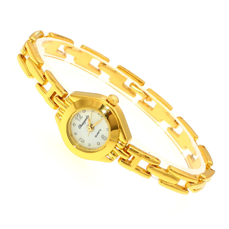 Relógio bonito feminino dourado quartz, relógio com pulseira pequeno mostrador popular para mulheres elegantes