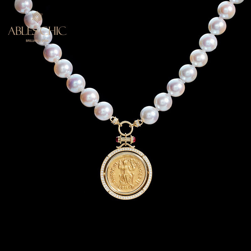 Pièce de monnaie byzantine prairie authentique en or massif 18 carats, perle Akoya, diamant 9mm, 0,66 ct adren0,37 ct, pendentif médaillon réversible uniquement