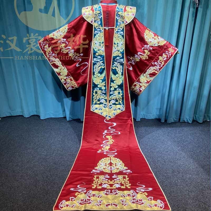 중국어 번체 웨딩 Hanfu 긴 꼬리 섬세한 자수 신부 신랑 빨간 의상 결혼 스탠드 칼라 커플 의상
