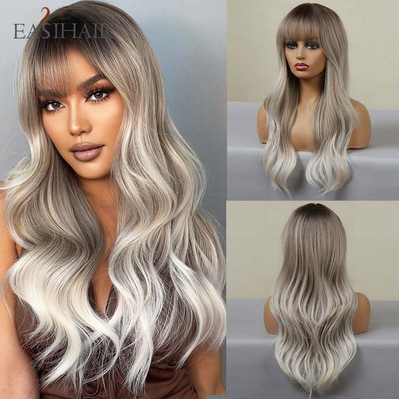 EASIHAIR Ombre Gray Ash Wavy Wigs with Bang Light Blonde Platinum Synthetic Long Hair for Women Daily Party Heat Resistant Fiber