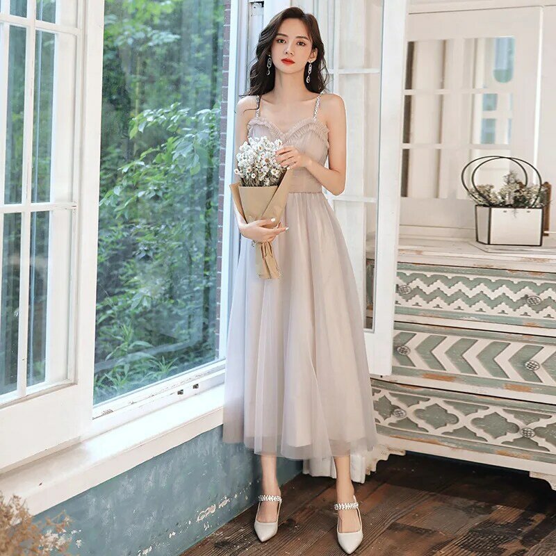 Elegant Party Dresses Women Spaghetti Strap Slim Tulle Bridesmaid Dress Prom Evening Gowns Birthday Simple Dress