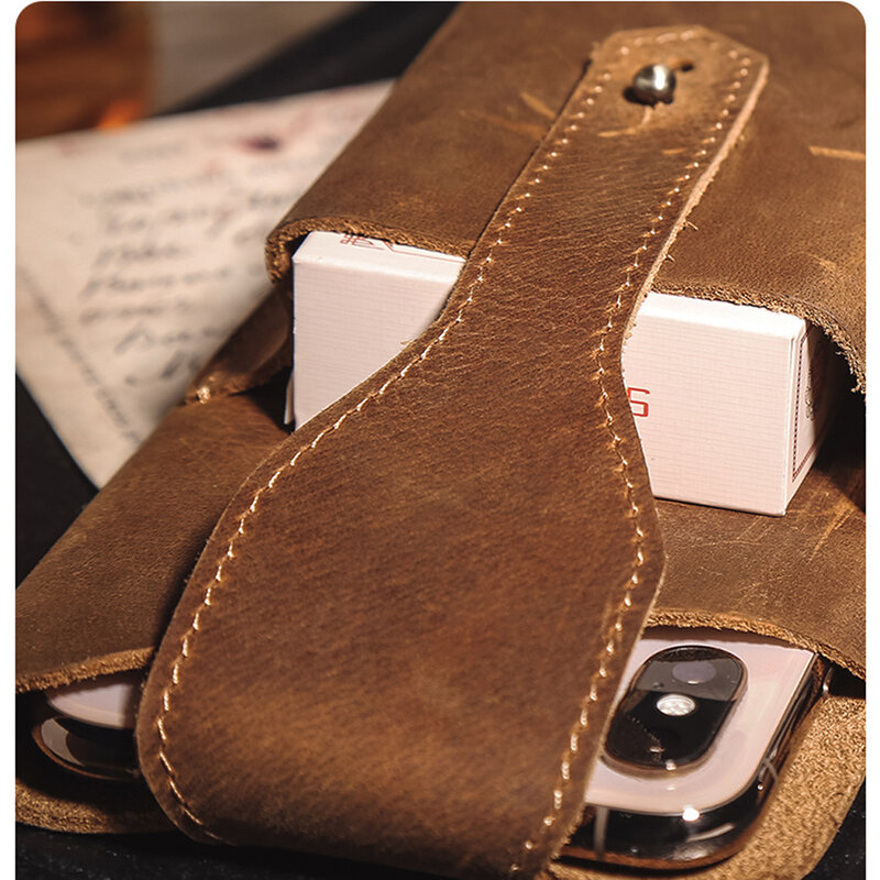 Crazyhorse bolsa de celular de couro legítimo com gancho para chave, bolsa de cinto para cigarro