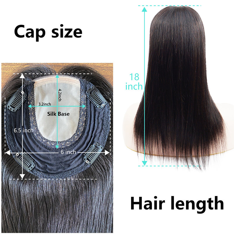 Toysww Real Virgin Human Hair Toppers Wig for Women 12"-20" Hairline Silk top base 6x6.5" Toupee Hair Piece With Clips 70g-120g