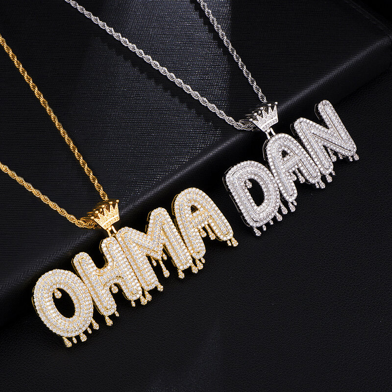 Hip Hop nome personalizzato zircone cubico corona gocciolamento ghiacciato lettere a bolle pendenti a catena e collane per uomo gioielli catena da Tennis cubana