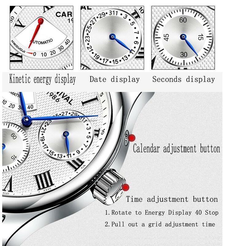 Karnaval energi kinetik tampilan jam tangan mekanis otomatis tahan air baja tahan karat jam tangan pria olahraga merek mewah Reloj Hombre