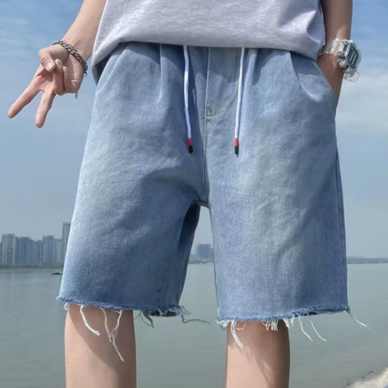 กางเกงยีนส์วินเทจผูกเชือกกางเกงยีนส์ชายขาสั้นฤดูร้อนกางเกงลำลองหลวมอินเทรนด์นักเรียนวัยรุ่นย้อนยุค