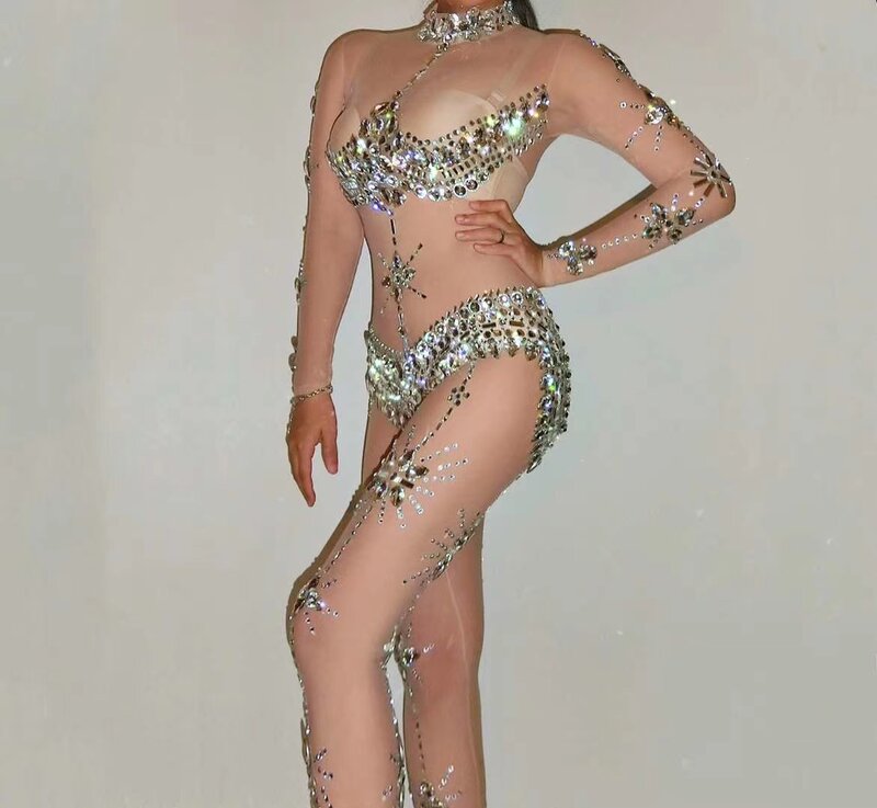 Tuta di cristallo prospettiva Sexy pagliaccetti di strass elasticizzati da donna tuta da festa trasparente discoteca cantante ballerino abbigliamento da palcoscenico