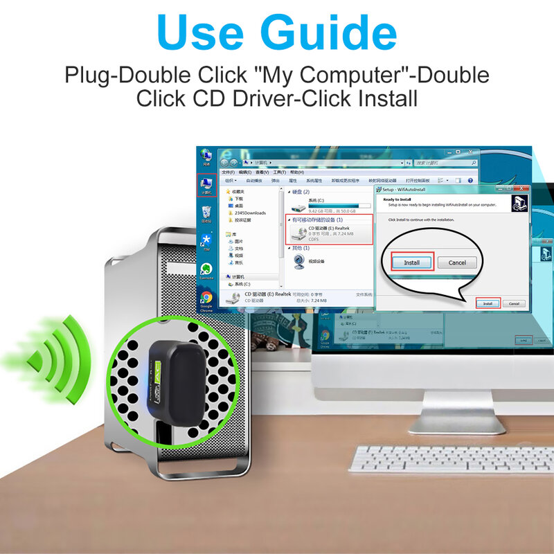 Free Driver-Bezprzewodowy adapter USB WiFi, odbiornik WiFi, LAN/Ethernet, 600 Mbps, 5GHz