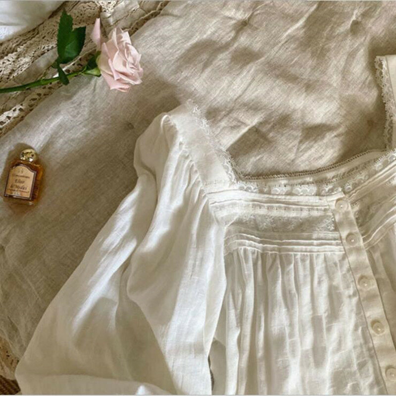 Pakaian Tidur Wanita Katun Gaun Rumah Panjang Setengah Betis Longgar Putih Pakaian Tidur Lengan Penuh Musim Semi Musim Gugur Gaun Malam Putri Vintage