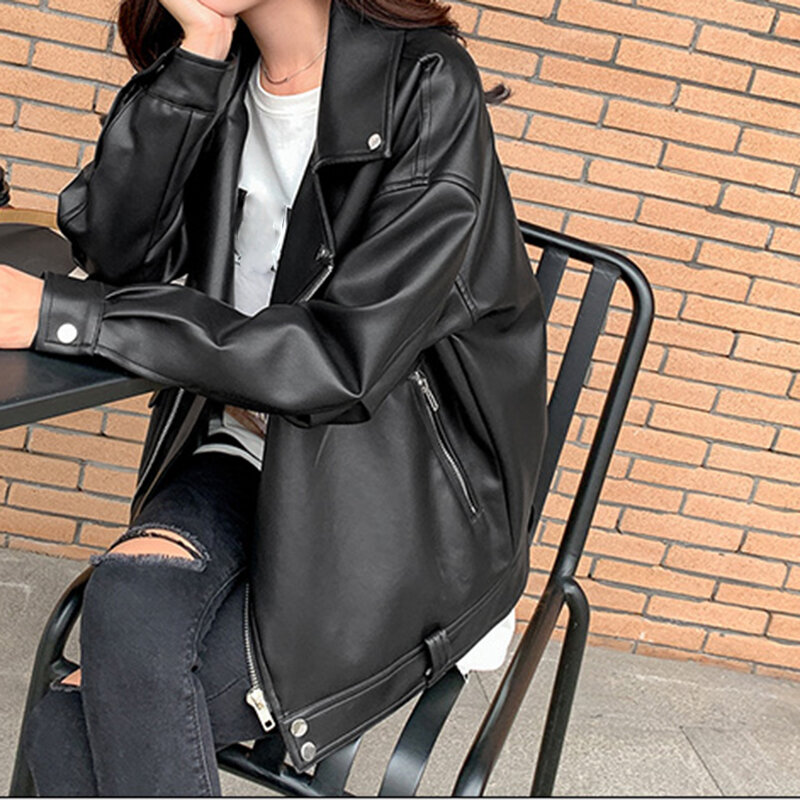 女性のためのエレガントな合成皮革の黒いオートバイのジャケット,韓国のファッション,秋冬,新しい,2022