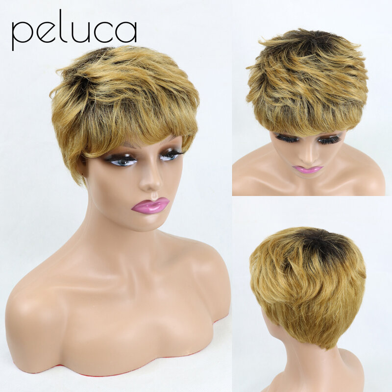 Perruque brésilienne Remy naturelle, coupe courte Pixie, cheveux lisses, couleur noire, faites à la Machine, bon marché, pour femmes noires