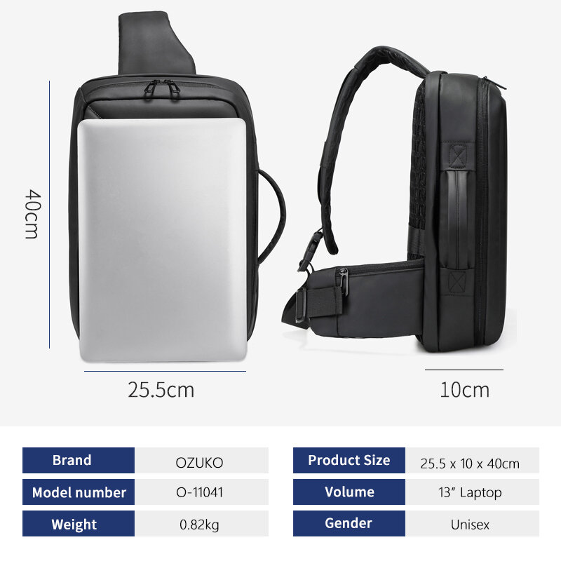OZUKO-Bolso cruzado impermeable con 12,5 pulgadas para hombre, bandolera con capacidad para iPad de 12,5'', tipo mensajero resistente al agua, mochila cruzada para negocios