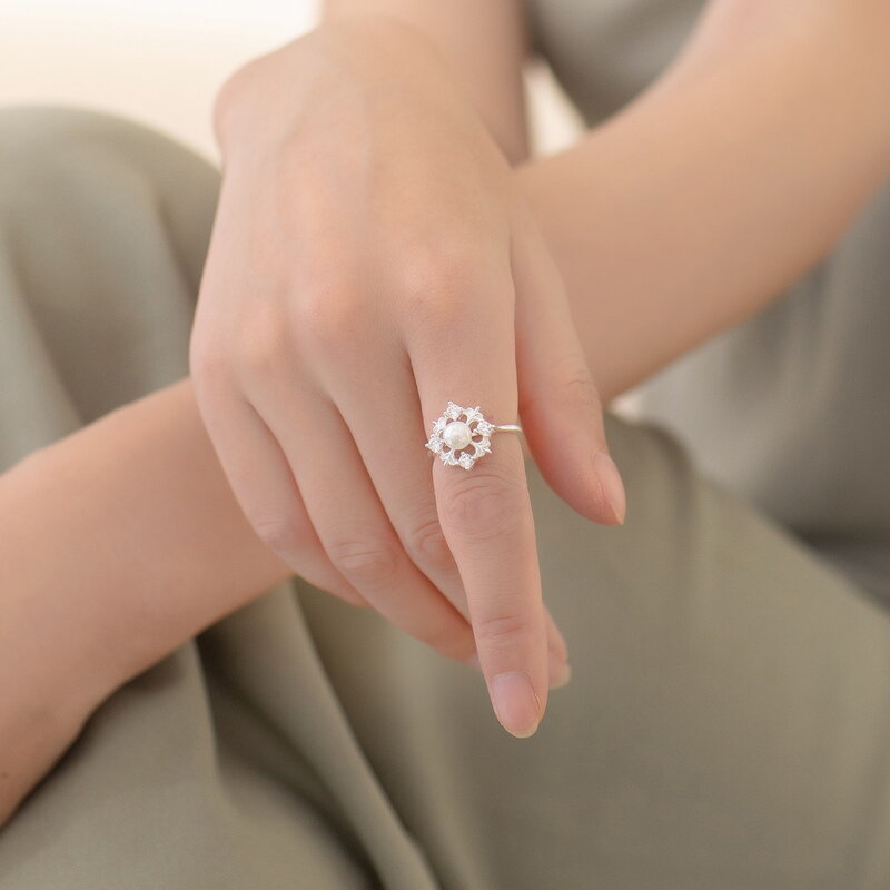 ALLNOEL Solid 925เงินสเตอร์ลิงเกล็ดหิมะแหวนไข่มุก5A CZ แหวนคริสต์มาสของขวัญ2021สินค้าใหม่
